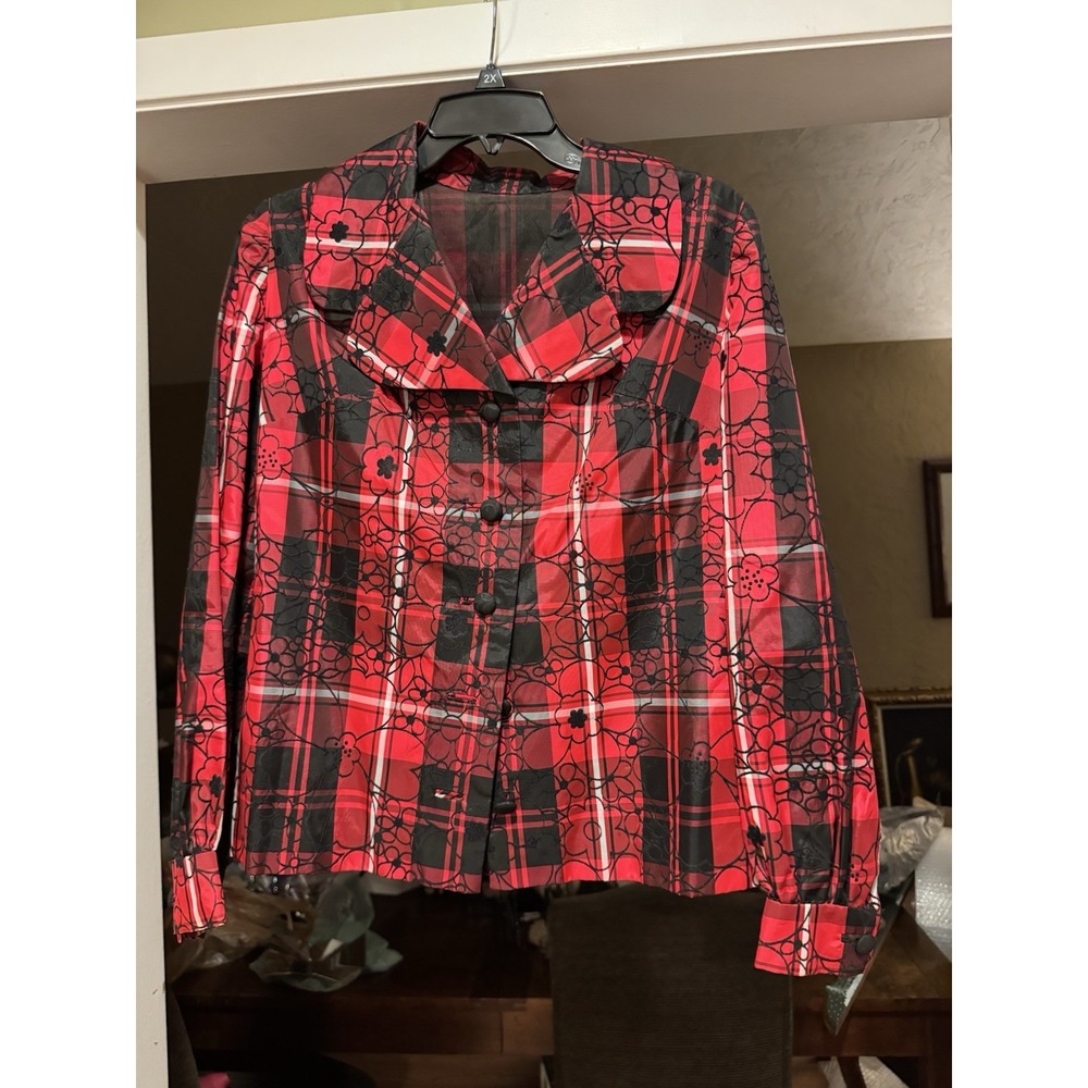 Y2K Tartan Plaid Blazer Black Velvet Flocked Floral Size 16-ish Punk Grunge Goth